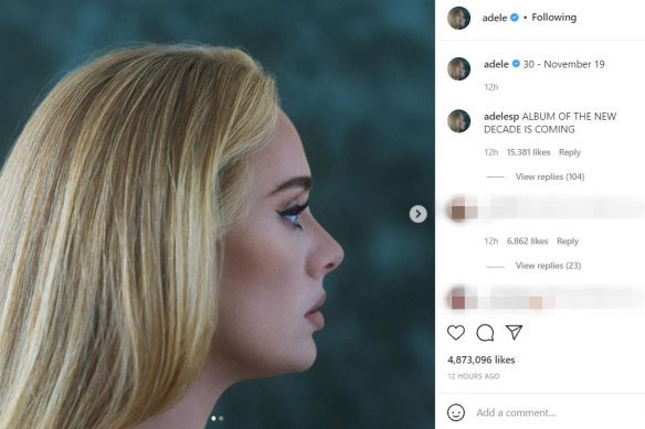 Adele announced on social media that her new album would be released on November 30.