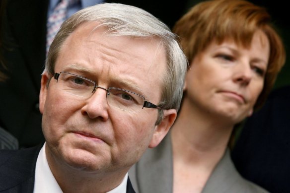 Voters were more tolerant of the Liberal Party’s revolving leadership than Labor switching from Kevin Rudd (left) to Julia Gillard (right) and back to Rudd.