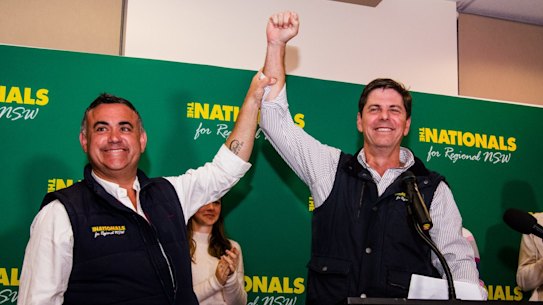 Nationals leader John Barilaro with winning Upper Hunter candidate David Layzell. 