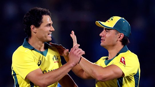 Nathan Coulter-Nile and Marcus Stoinis, pictured here celebrating a wicket in that Twenty20 series, are part of the current ODI World Cup squad.