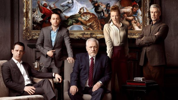 The cast of Succession. From left Jeremy Strong (Kendall Roy), Kieran Culkin (Roman Roy), Brian Cox (Logan Roy), Sarah Snook (Shiv Roy) and Alan Ruck (Connor Roy).