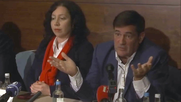 Herve Jaubert (right), a former French spy, speaks during a press conference in 2018 about Sheikha Latifa's disappearance.