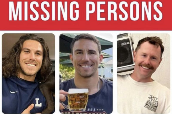 Missing persons poster: Australian brother Jake and Callum Robinson (left and centre) and American Carter Rhoad are missing in Mexico.