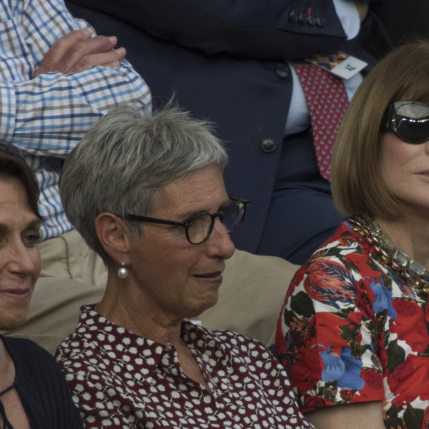 From left, Jayne Hrdlicka, Victorian governor Linda Dessau and Vogue editor-in-chief Anna Wintour at the Australian Open in January. 