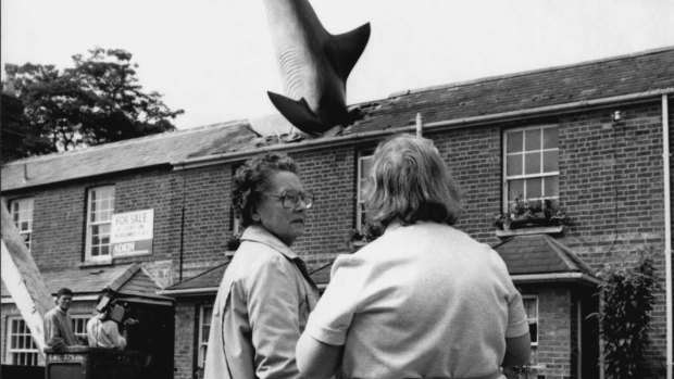 Cinema boss Bill Heine hired a crane to lower a 25ft model of a shark on the roof of his little terraced house.
Bill got sculptor John Buckley to make the glass-firba fish as a symbol of peace on the anniversary of the Nagasaki a-bomb in 1986.