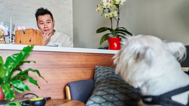“I don’t have kids, so I consider Bao’er my son,” says Albert Wu, a client of pet psychic Jasmine Shiau. MUST CREDIT: Photo for The Washington Post by An Rong Xu