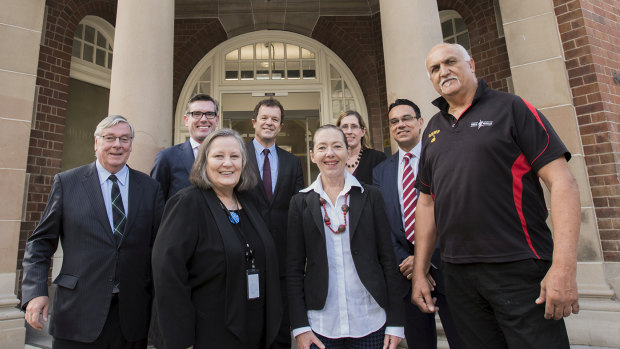 From left: Children's Court President Peter Johnstone, Treasurer Dominic Perrottet, Magistrate Sue Duncombe, Attorney-General Mark Speakman, Aunty Joanne Selfe, Children's Court executive officer Rosemary Davidson, Legal Aid NSW chief executive Brendan Thomas, Uncle Bert Gordon.