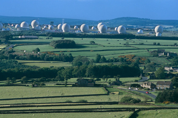 A view of the green Yorkshire moors countryside looking down from a nearby hill to the UK Echelon base. 