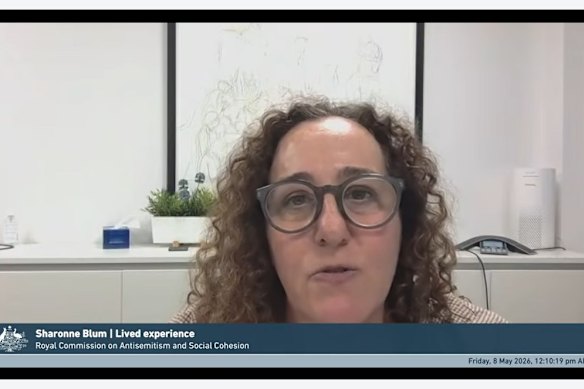 Sharonne Blum giving evidence of her lived experience to the Royal Commission on Antisemitism and Social Cohesion on Friday.