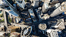Aerial birds eye views of real estate and infrastructure in Sydney Australia of CBD