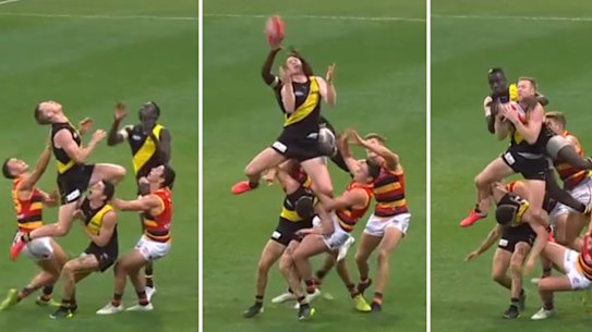 SYDNEY, AUSTRALIA - MAY 30: Jack Riewoldt of the Tigers takes a spectacular mark during the round 11 AFL match between the Richmond Tigers and the Adelaide Crows at GIANTS Stadium on May 30, 2021 in Sydney, Australia. Credit: Fox Footy