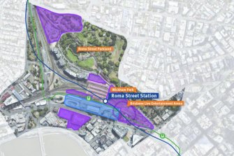 The areas in purple - to the north and south east of the Roma Street Parklands will be redeveloped. 