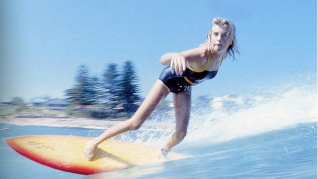 Pam Burridge, aged 14, surfing at North Avalon, 1979.