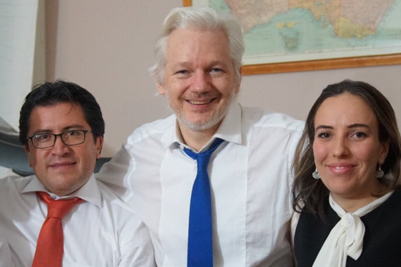 Julian Assange with his partner Stella Moris-Smith Robertson and his Ecuadorian counsel, Carlos Poveda, in an undated picture supplied by WikiLeaks.