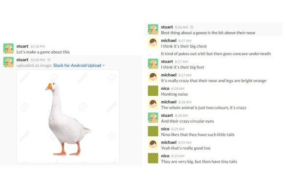 The Slack conversation at game development company House House that eventually inspired Untitled Goose Game.