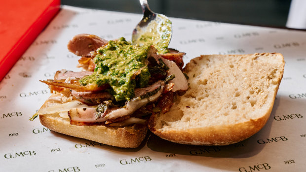 Salsa verde brightens the G. McBean Family Butcher’s porchetta roll.