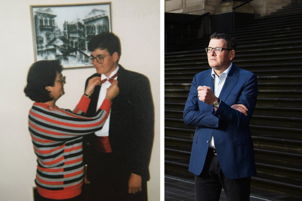 Andrews with his mother, getting ready for his year 10 formal; and as Premier: his 2014 election makeover transformed him from dorky Daniel to dapper Dan.