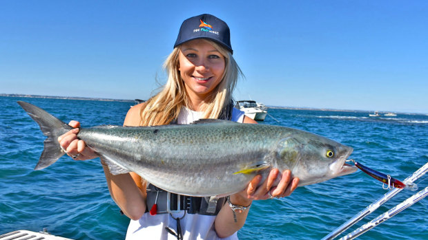 Alanna Hubbard from Recfishwest with her first metro salmon caught at Mewstones 
