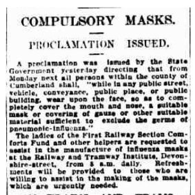 "COMPULSORY MASKS - proclamation issued": from the Sydney Morning Herald, January 31, 1919.
