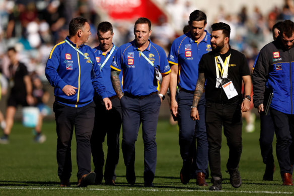 Caretaker coach Jarrad Schofield, pictured here during halftime on Saturday, wants the role, but his horror past fortnight will most likely be too hard to ignore.

Finding a coach sits atop a long list of things to do. More