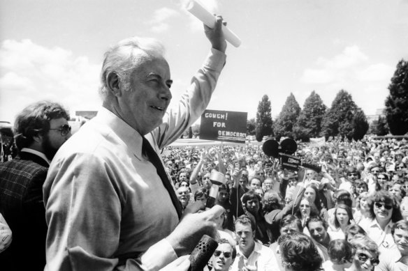 Gough Whitlam addresses a Labor rally outside of Parliament House in Canberra, 1975