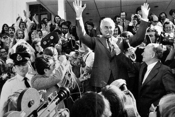 Gough Whitlam on the steps of the Parliament house after his dismissal in 1975.