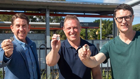 Treasurer Cameron Dick, Premier Steven Miles and Transport Minister Bart Mellish announce the six-month 50-cent public transport fares, beginning in August.