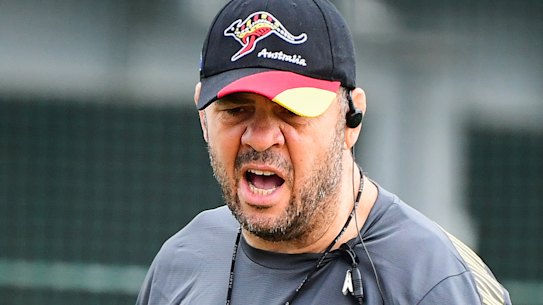 Laying down the law: Michael Cheika oversees a Wallabies scrum session in Tokyo. 