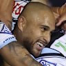 Will Kennedy celebrates his long-range try against the Dragons.