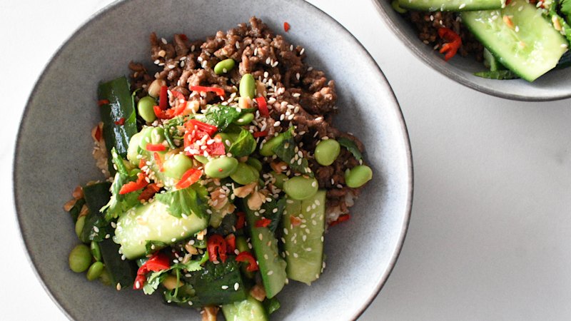 Sticky ginger beef bowls with smashed cucumber salad