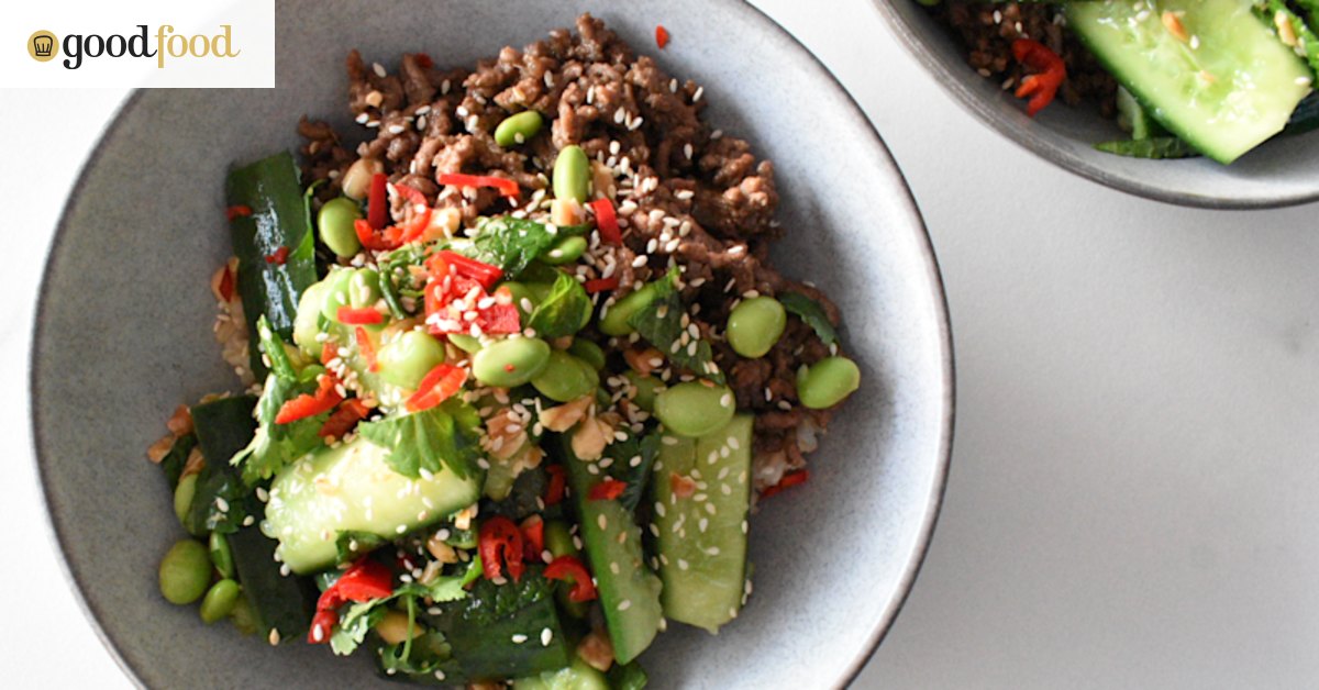 Sticky ginger beef bowls with smashed cucumber salad