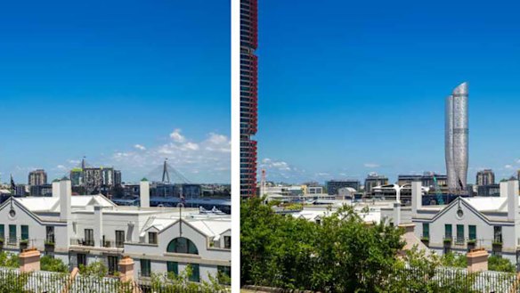 An artist's impression of The Star's proposed tower. Existing (left) and proposed (right) south east view from Sydney Observatory. Taken from the Department of Planning and Environment Star Casino Modification Assessment Report, July 2019.