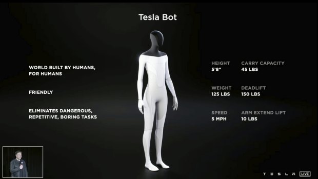 Elon Musk introduces a prototype humanoid robot during a Tesla livestream.