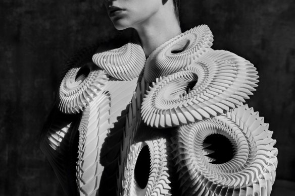 Iris Van Herpen’s Crystallization top, from the ‘Capriole’ collection, featured in the exhibition Iris Van Herpen: Sculpting the Senses.