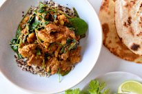 Serve chicken and pumpkin curry with rice, quinoa, roti or naan.