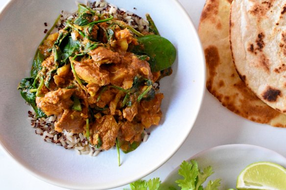 Serve chicken and pumpkin curry with rice, quinoa, roti or naan.