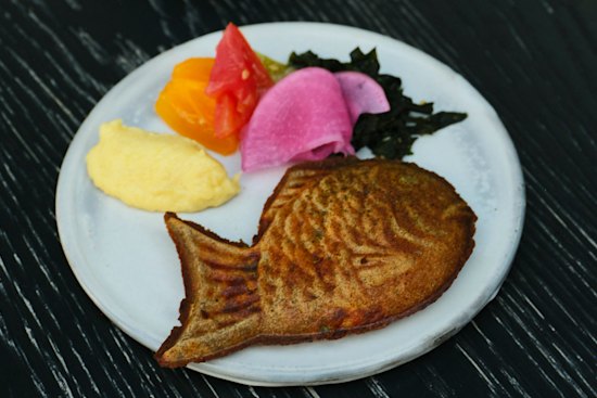 Savoury buckwheat taiyaki, a fish-shaped Japanese waffle.