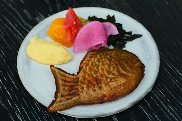 Savoury buckwheat taiyaki, a fish-shaped Japanese waffle.