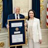 Donald Trump and Maria Machado with the Nobel Peace Prize at the White House on Thursday.
