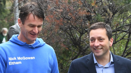 New state Liberal chief of staff Nick McGowan (left) with Opposition Leader Matthew Guy in 2018.