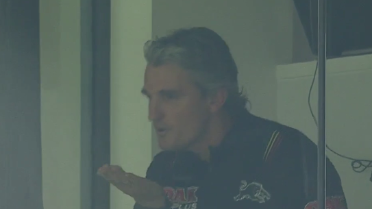 Panthers coach Ivan Cleary blowing kisses to a Wests Tigers fan after Saturday night's win against his old club.