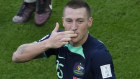 Australia’s Mitch Duke celebrates his goal against Tunisia. 