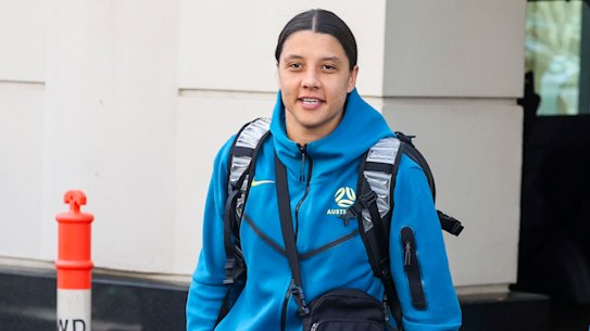Sam Kerr leaves the Matildas’ team hotel in Sydney with a compression bandage on her left calf.