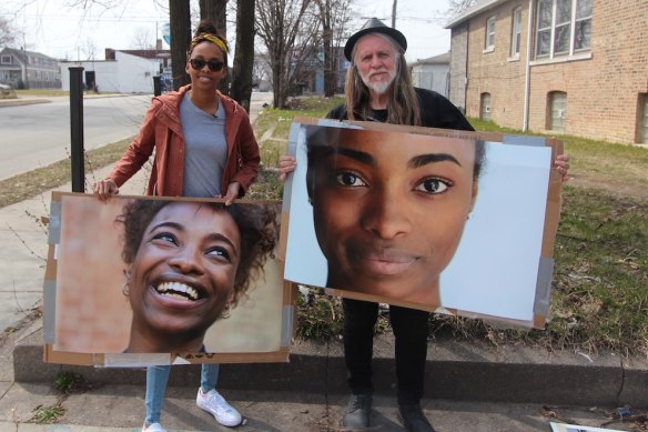 Filmmaker George Gittoes with Chantal Scott, whose sister Kaylyn Pryor (in posters) was murdered.
