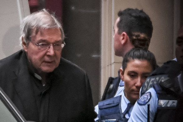 George Pell arrives at the Supreme Court on Thursday for the second and last day of his appeal.