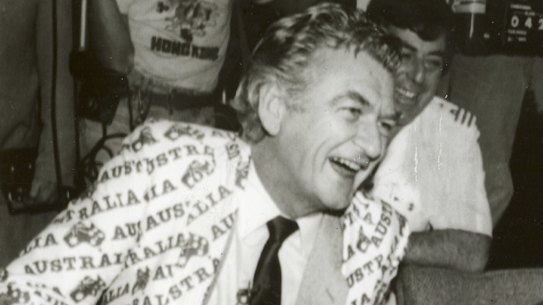 Bob Hawke celebrating the America's Cup win.