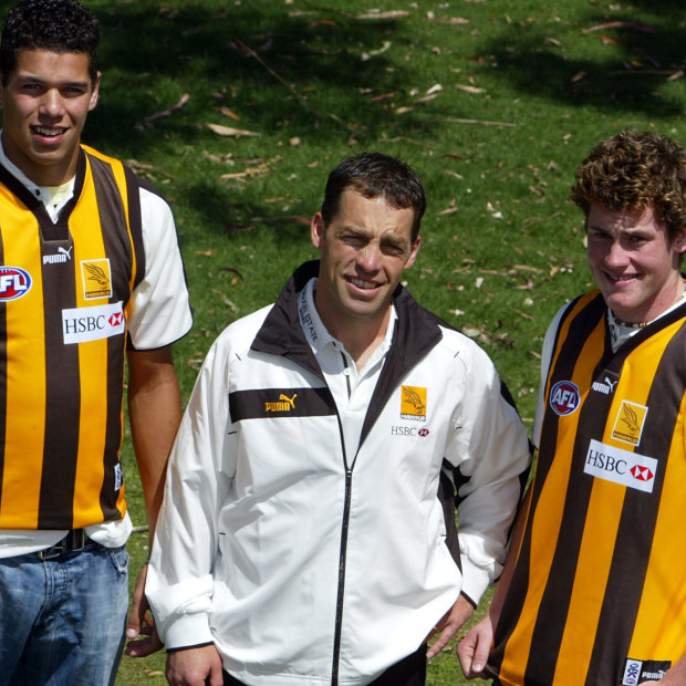 Fresh faces: Newly drafted Lance Franklin and Jarryd Roughead with coach Alastair Clarkson.