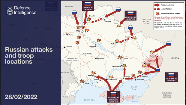 Map by UK’s Defence Intelligence showing Russian attacks and troop locations released Monday, February 28, 2022.