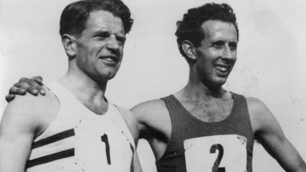 John Landy (right) after setting a new world record in Finland. He is pictured with second-placed Chris Chataway of Britain.