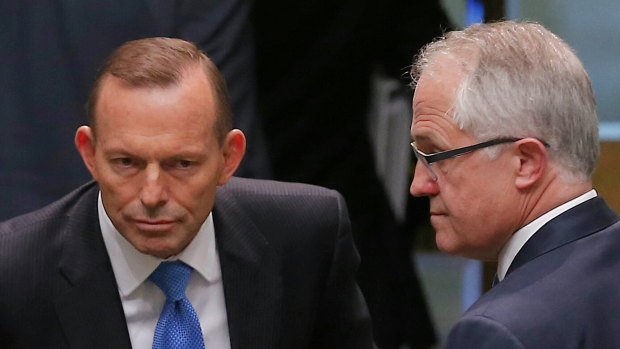 Tony Abbott and  Malcolm Turnbull at the end of question time, just before the leadership spill was called in 2015.